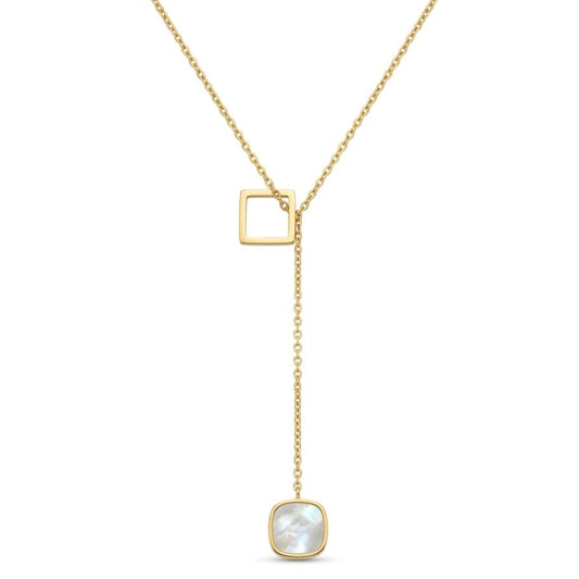 Elegant gold-tone lariat necklace featuring an open square connector and a dangling bezel-set square mother-of-pearl pendant on a delicate chain. The anti-tarnish geometric necklace is displayed on a clean white background, making it perfect for everyday wear, office styling, layering, gifting, and special occasions.