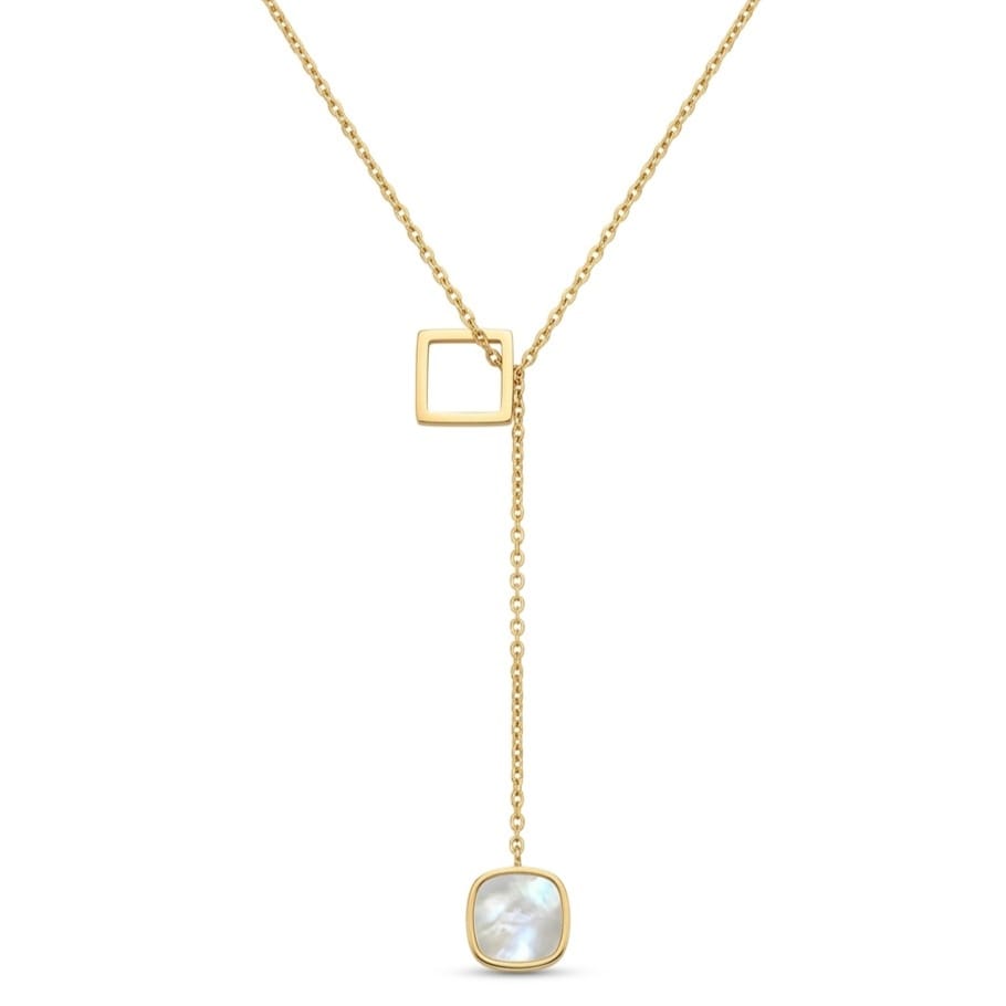 Elegant gold-tone lariat necklace featuring an open square connector and a dangling bezel-set square mother-of-pearl pendant on a delicate chain. The anti-tarnish geometric necklace is displayed on a clean white background, making it perfect for everyday wear, office styling, layering, gifting, and special occasions.