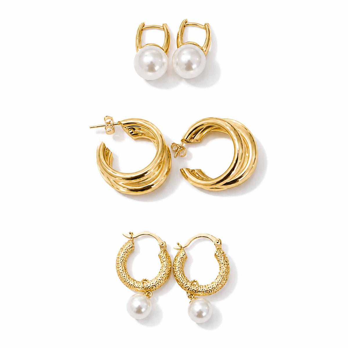 Gold-tone earring stack featuring pearl stud earrings, layered gold hoop earrings, and textured pearl drop hoop earrings displayed separately on a clean white background.