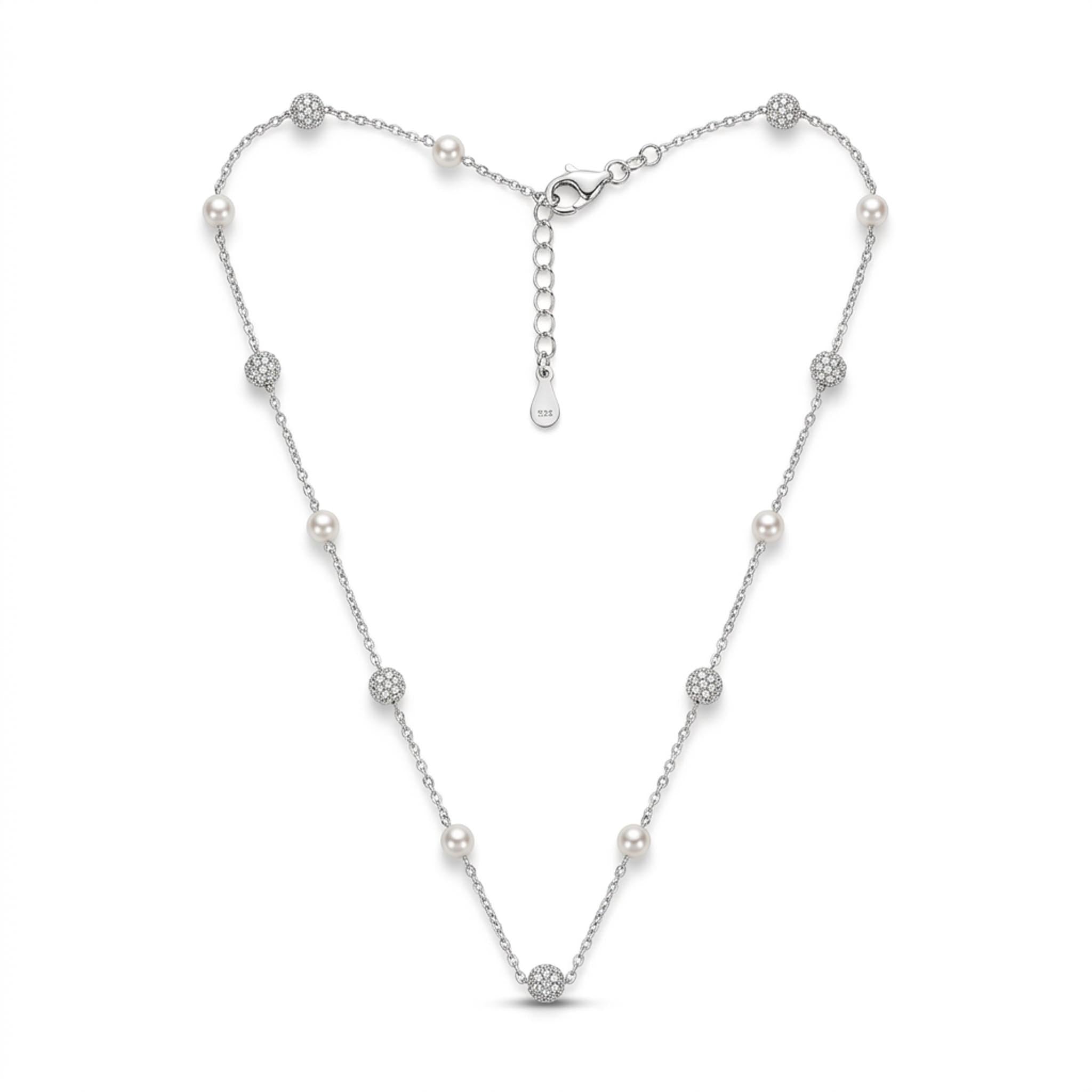 Pearl Stardust 925 sterling silver necklace featuring luminous pearl accents and sparkling pave crystal sphere charms delicately spaced along a fine silver chain