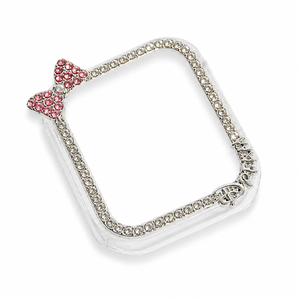 Silver-tone rectangular watch frame charm adorned with clear stones, featuring a pink crystal bow detail and decorative heart accents, on a white background.