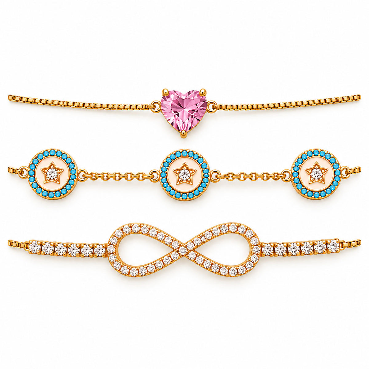 Three anti-tarnish gold-plated chain bracelets featuring a pink heart gemstone centerpiece, blue enamel star medallions with crystal accents, and a sparkling crystal infinity motif, arranged in parallel on a clean white background with a premium polished finish.
