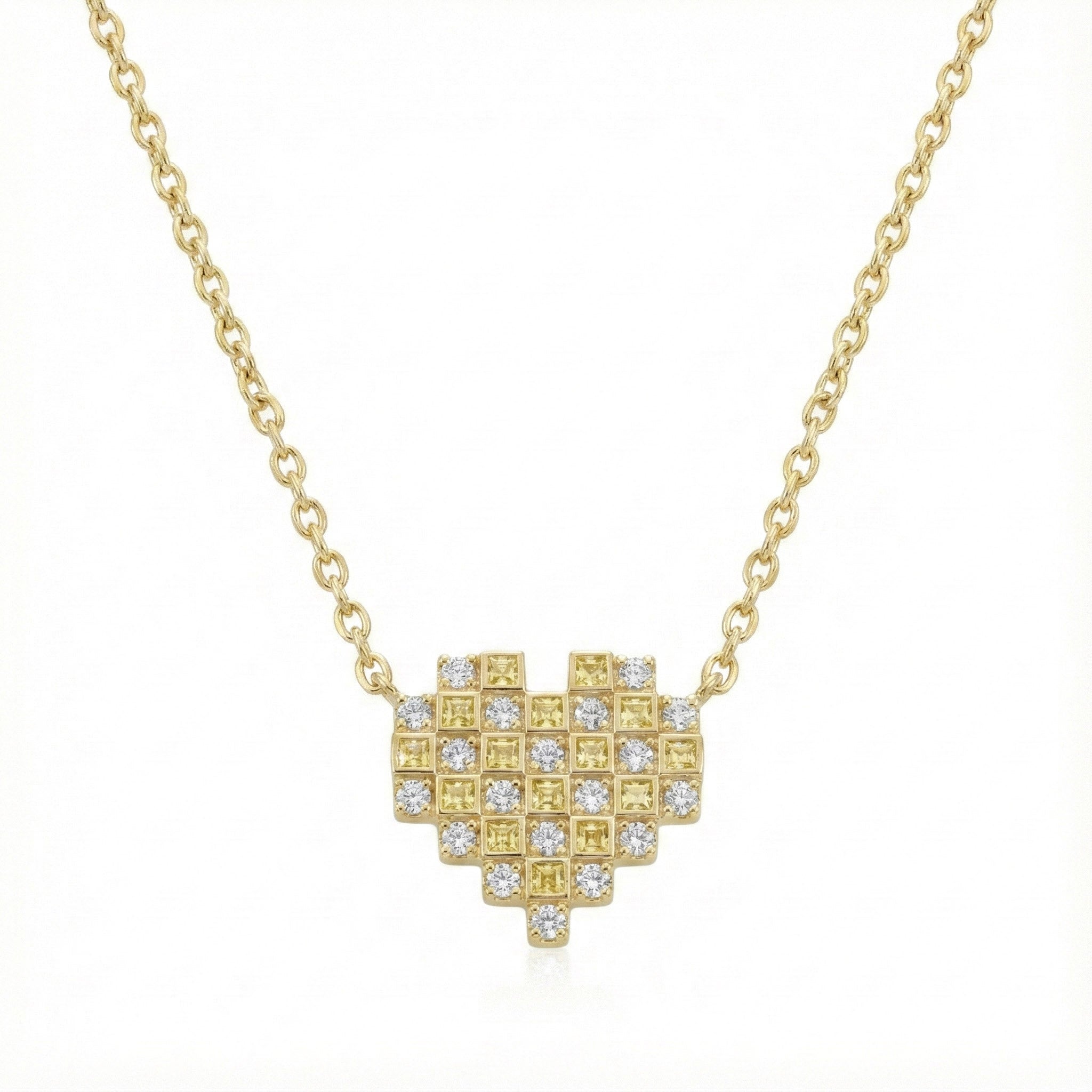 Pixel Heart Necklace Stack with Mosaic Heart, Diamond Dust, and Modern Morse layered gold-tone necklaces