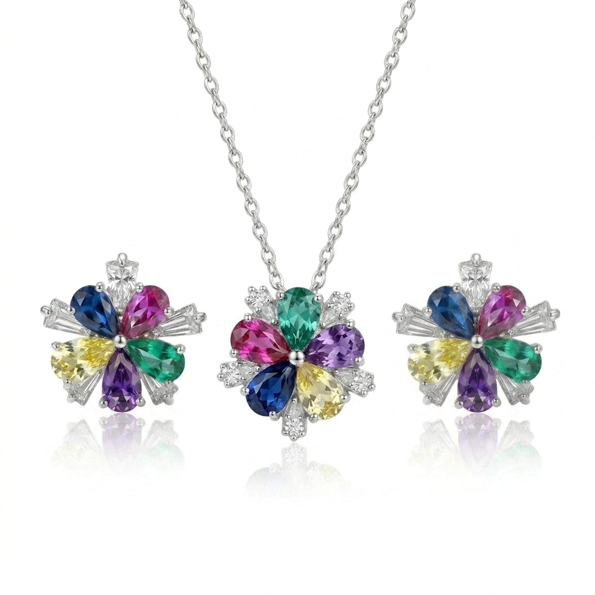 Prism Bloom 925 Sterling Silver Necklace Set featuring a multicolor floral pendant and matching earrings with vibrant pear-cut gemstones and sparkling cubic zirconia