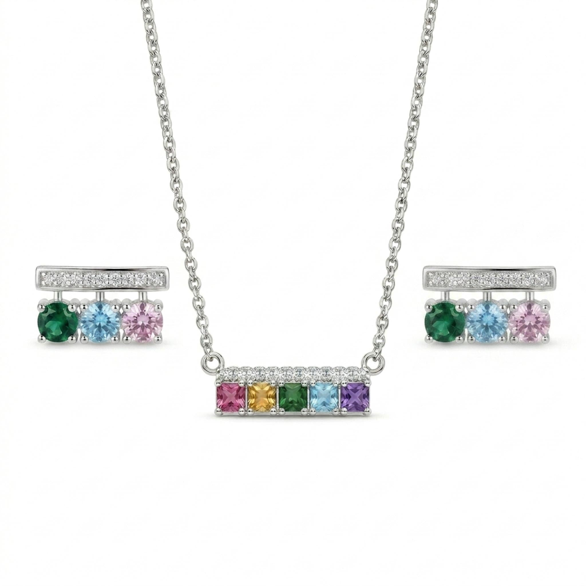 Prism Glow 925 Sterling Silver Necklace Set featuring a rainbow-colored gemstone bar pendant necklace with matching multicolor stud earrings