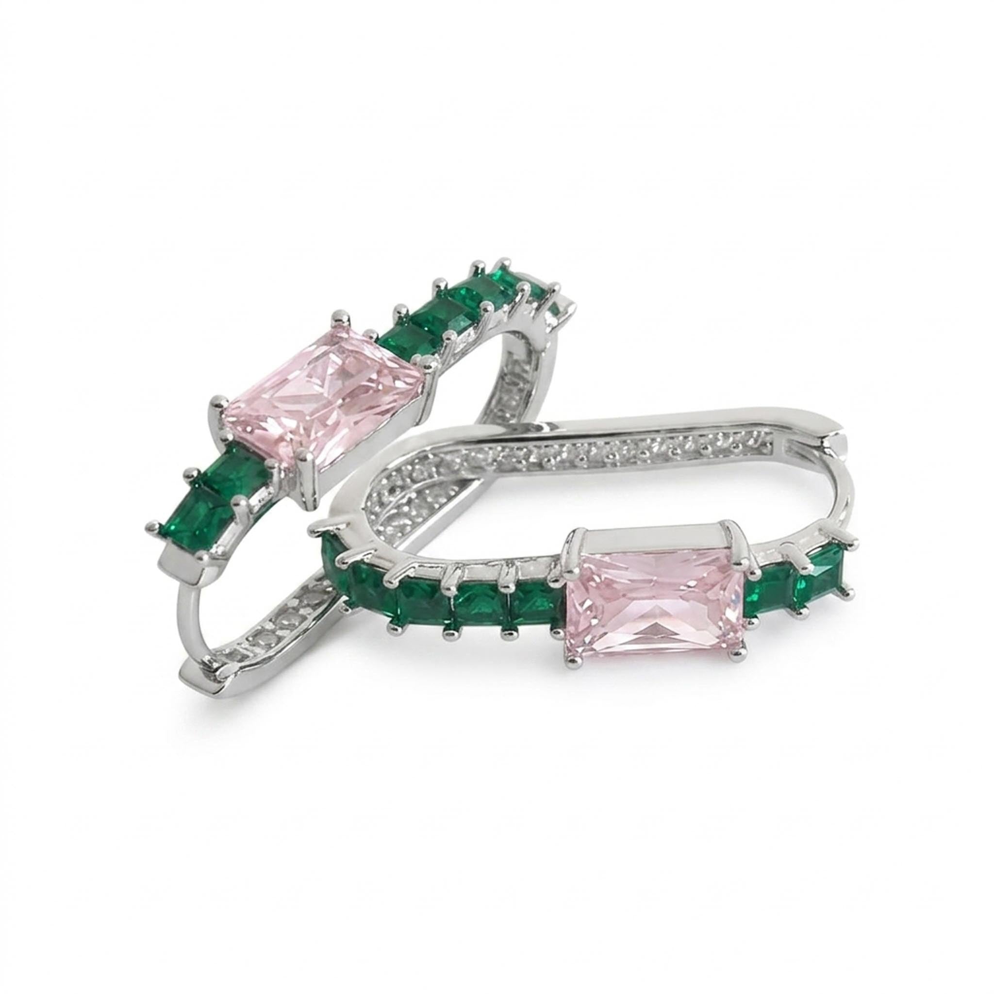Prism Grace 925 Sterling Silver Earrings available in two vibrant colorways—blush pink with emerald green accents and yellow with purple accents—featuring a rectangular center stone, baguette-cut side stones, and a sleek curved sterling silver hoop with pave detailing