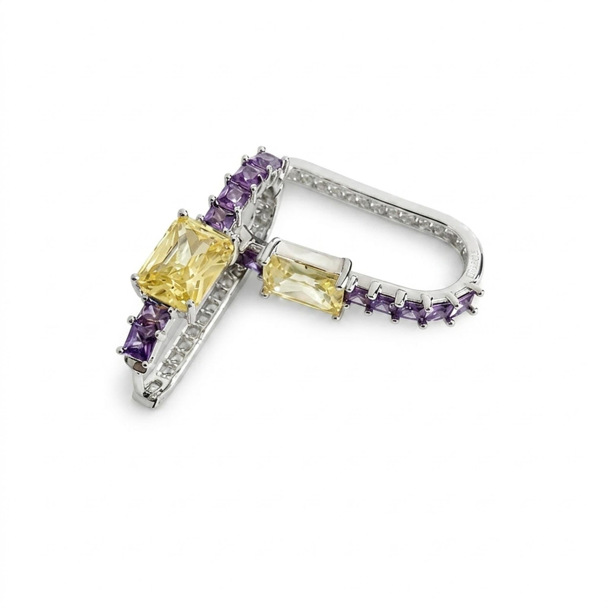 Prism Grace 925 Sterling Silver Earrings available in two vibrant colorways—blush pink with emerald green accents and yellow with purple accents—featuring a rectangular center stone, baguette-cut side stones, and a sleek curved sterling silver hoop with pave detailing