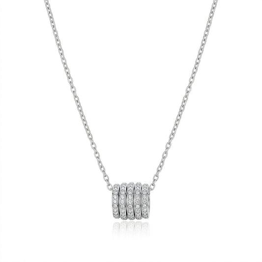 Multi-Row Pave Crystal Ring Pendant Necklace in Silver Tone, Displayed on White Background