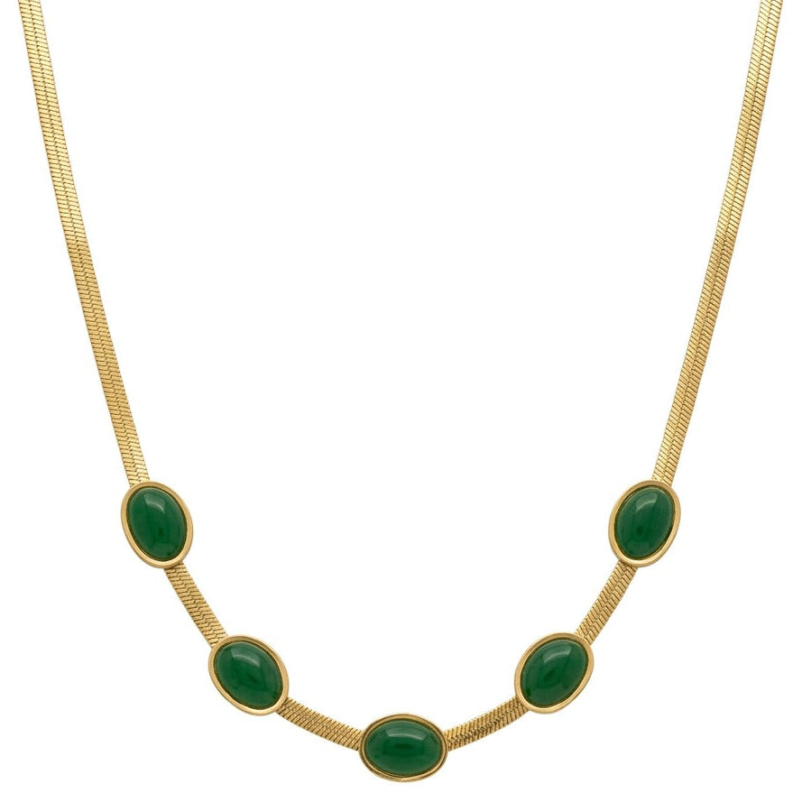 Elegant gold-tone necklace featuring a sleek flat snake chain accented with five bezel-set oval green stones. The minimalist statement necklace has a polished finish and is displayed on a clean white background, making it perfect for everyday wear, office styling, festive occasions, layering, and gifting.
