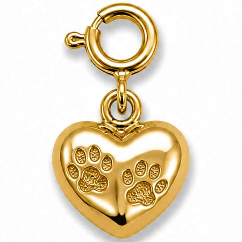 Zoomed-out view of a gold-tone heart-shaped charm with a paw print design, displayed on a clean white background.