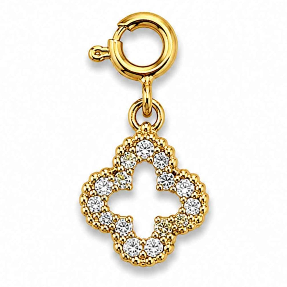 Gold-tone circular charm featuring a floral-inspired open design adorned with sparkling crystal stones, displayed on a white background.