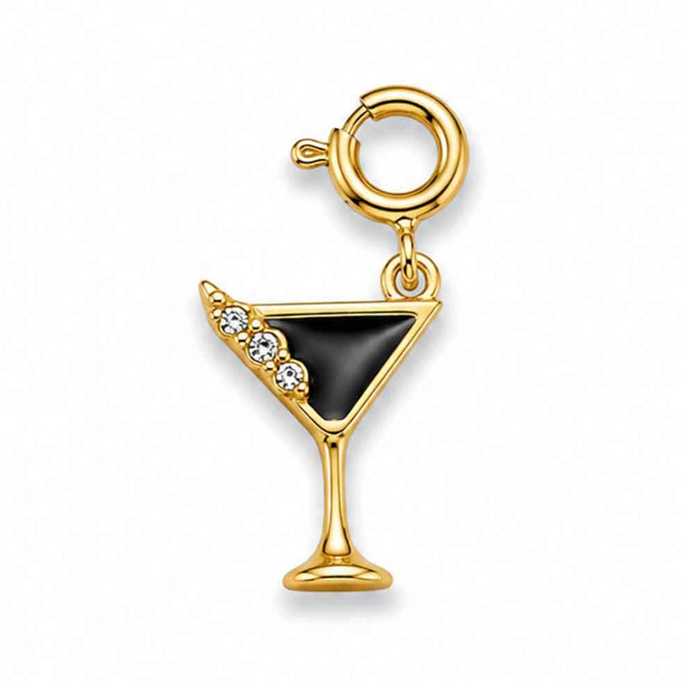 Gold-tone cocktail glass charm featuring a glossy black drink design and sparkling crystal details, displayed on a white background.