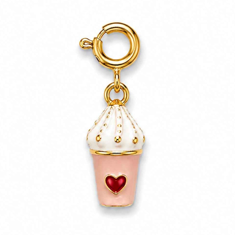 Gold-tone takeaway coffee cup charm featuring a white whipped topping, a soft pink cup, and a red heart detail, displayed on a white background.