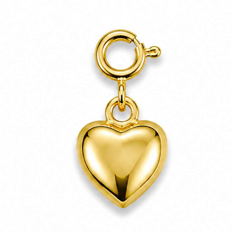 Polished gold-tone heart charm with a secure circular clasp, displayed on a clean white background.