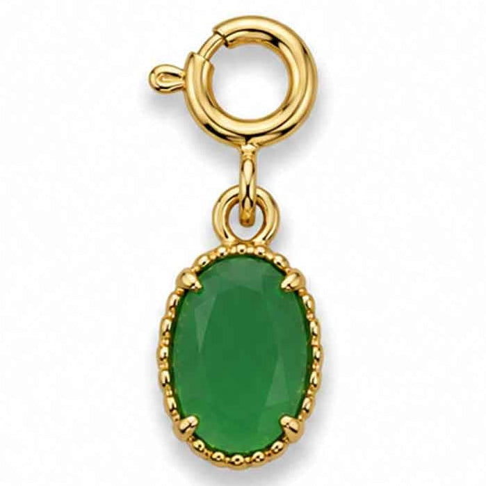 Gold-plated charm featuring a faceted oval emerald-green gemstone in a beaded gold setting, with a circular gold clasp and connector on a clean white background.