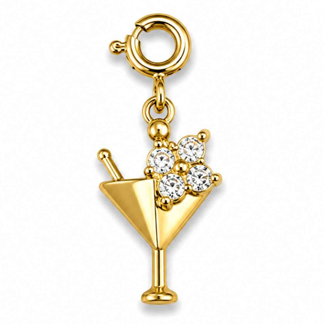 Golden martini glass charm adorned with sparkling crystal details on a white background.