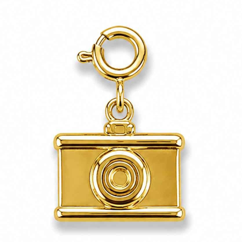 Zoomed-out view of a gold-tone camera-shaped charm with a detailed lens design, displayed on a clean white background.