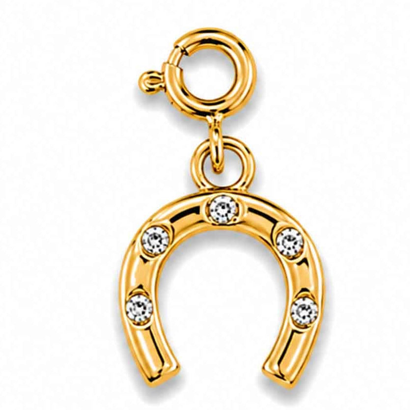 Gold-tone horseshoe charm embellished with sparkling crystal stones on a white background.