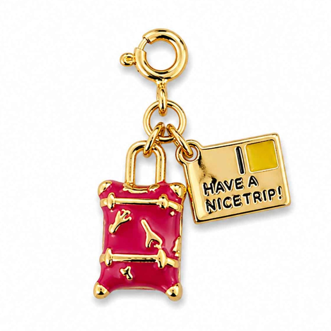 Gold-tone suitcase charm with a playful “Have a Nice Trip!” luggage tag on a white background.