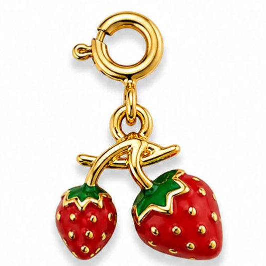 Gold-plated double strawberry charm featuring two glossy red strawberries with green enamel leaves, gold accents, and a circular gold clasp on a clean white background.