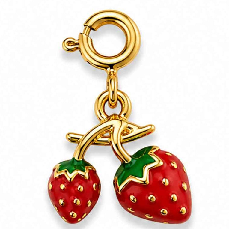 Gold-tone double strawberry charm with glossy red enamel details and green leaves on a white background.