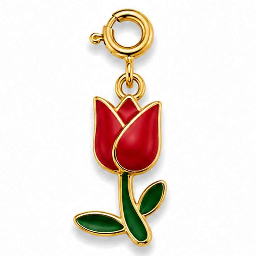 Gold-tone red rose flower charm with green enamel leaves on a white background.