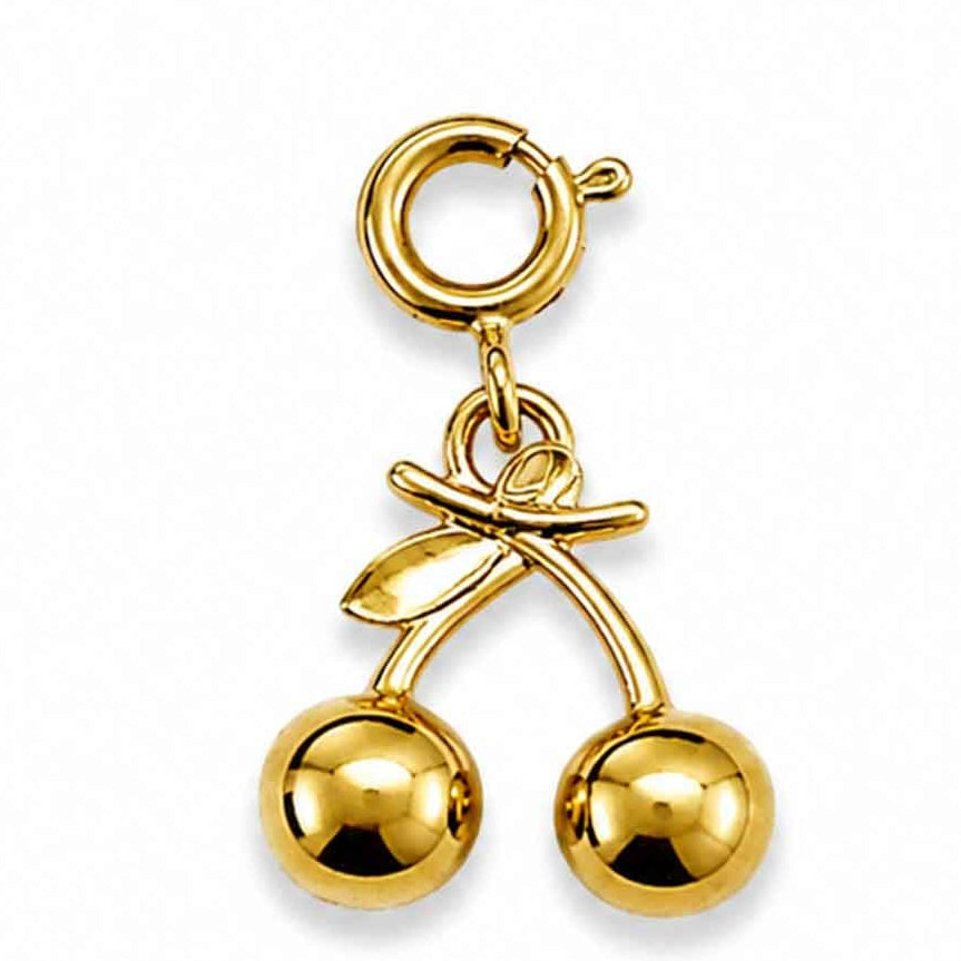 Gold-tone cherry charm featuring two polished cherries with a delicate leaf and stem detail on a white background.