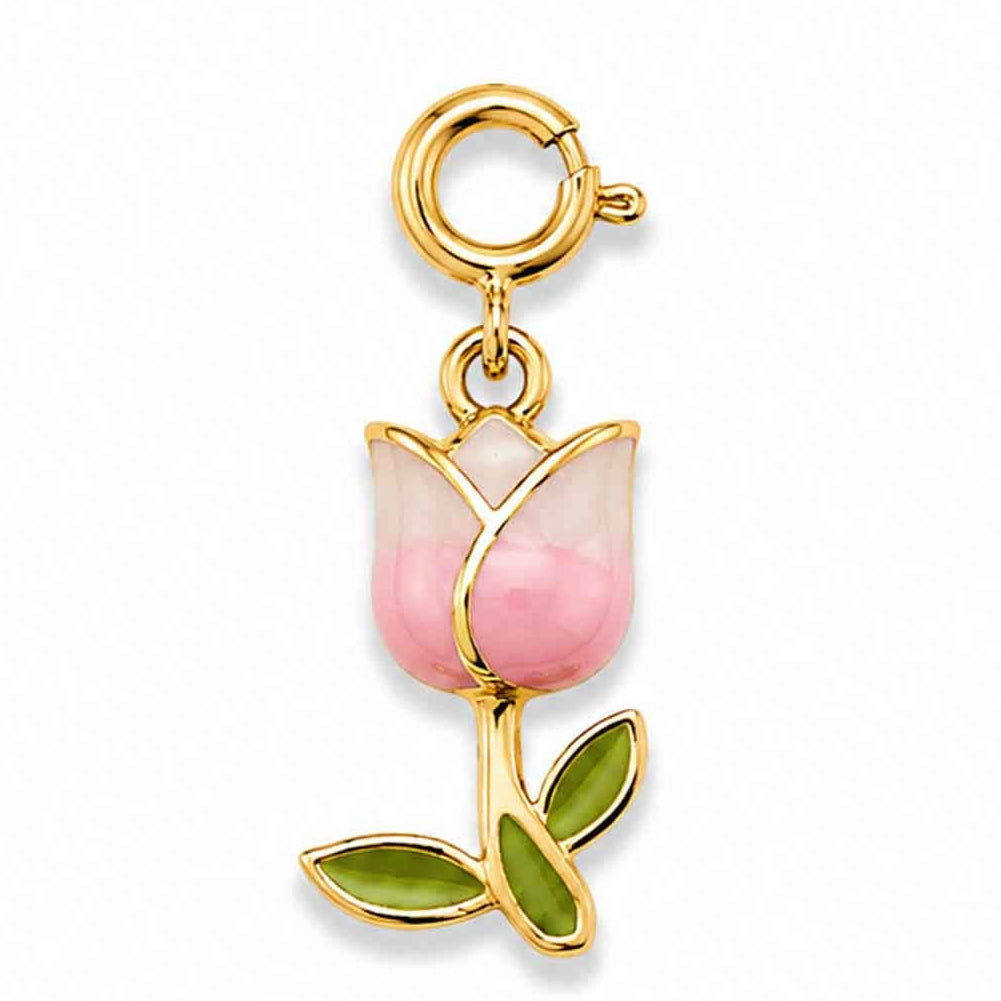 Gold-tone pink tulip flower charm with soft pink enamel petals and green leaves on a white background.