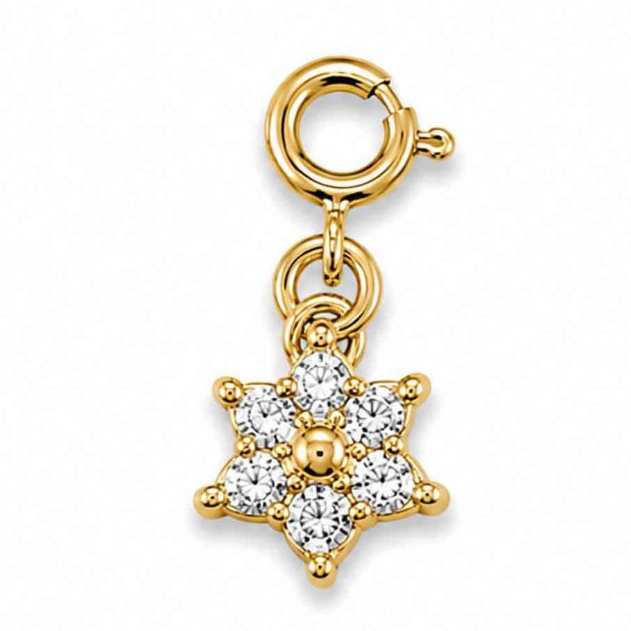 Gold-tone star charm adorned with sparkling crystal stones on a white background.