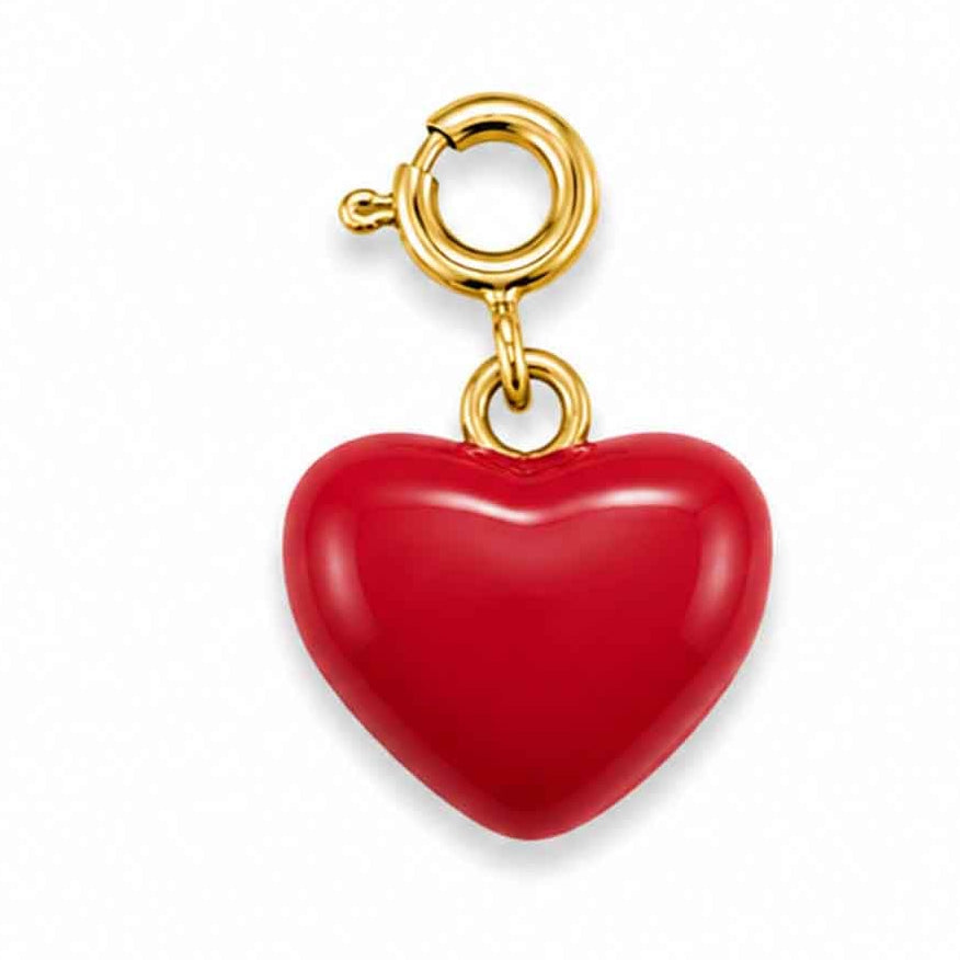 Gold-tone watch charm featuring a glossy red heart pendant on a white background.