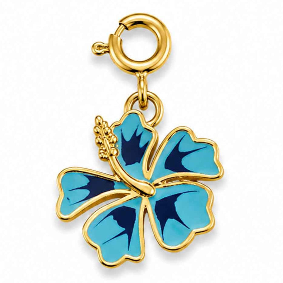 Blue Bloom gold-tone watch charm featuring a blue floral design on a white background.