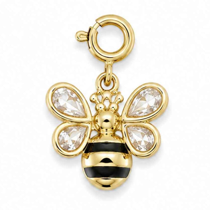Gold-tone watch charm featuring a bee design with sparkling crystal wings on a white background.