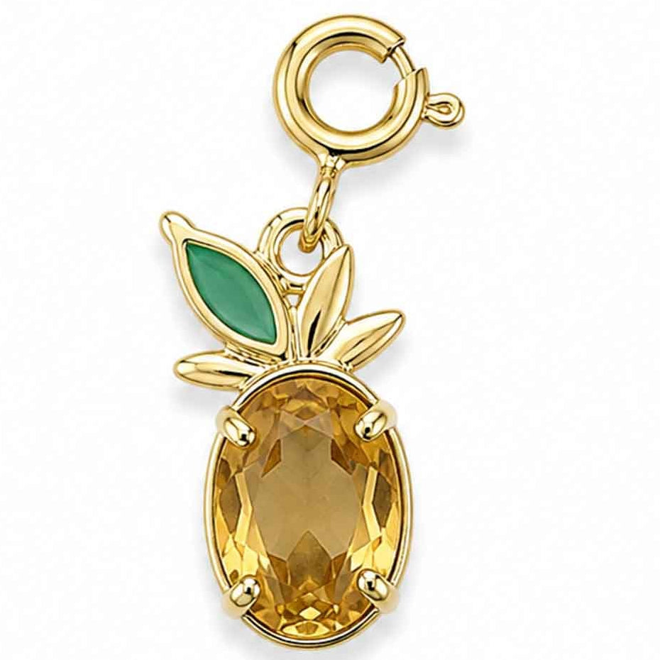 Gold-tone watch charm featuring a sparkling golden pineapple design with green leaves on a white background.