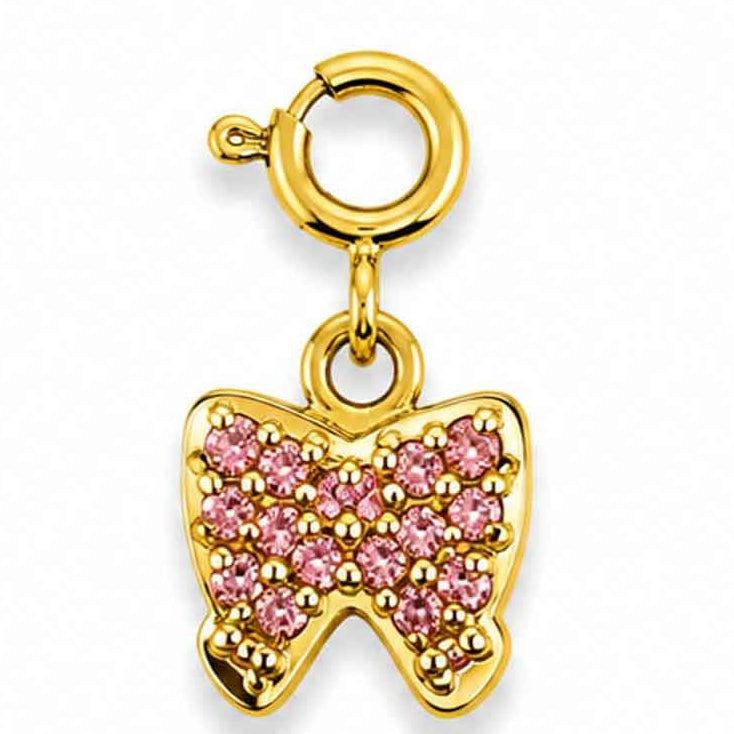 Gold-tone watch charm featuring a pink crystal-studded bow design on a white background.