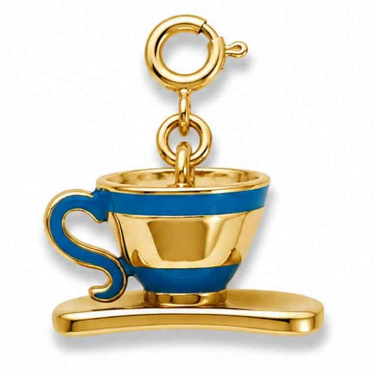Zoomed-out view of a gold-tone teacup and saucer charm with a blue enamel accent, displayed on a clean white background.