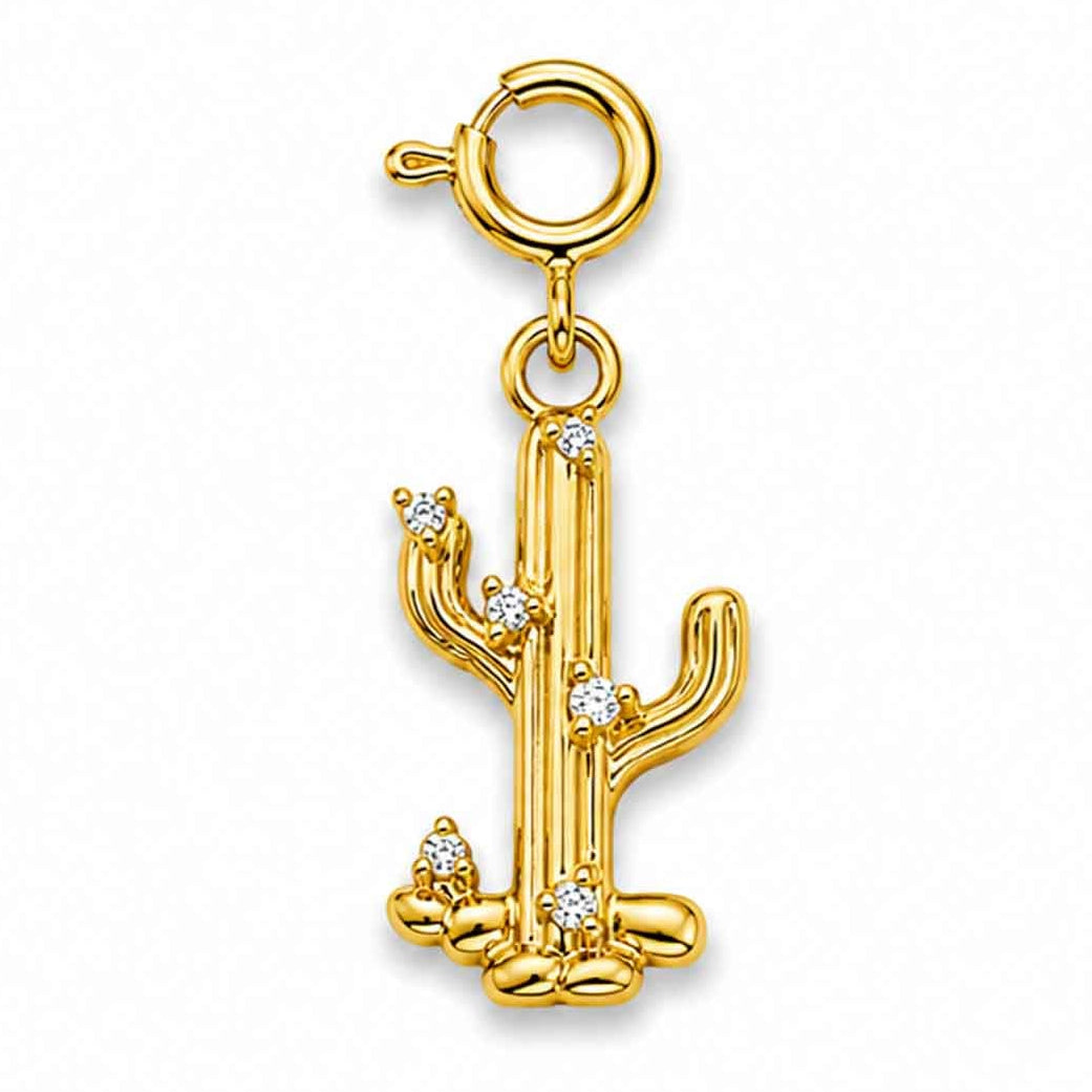 Zoomed-out view of a gold-tone cactus-shaped charm with small sparkling stone accents, displayed on a clean white background.