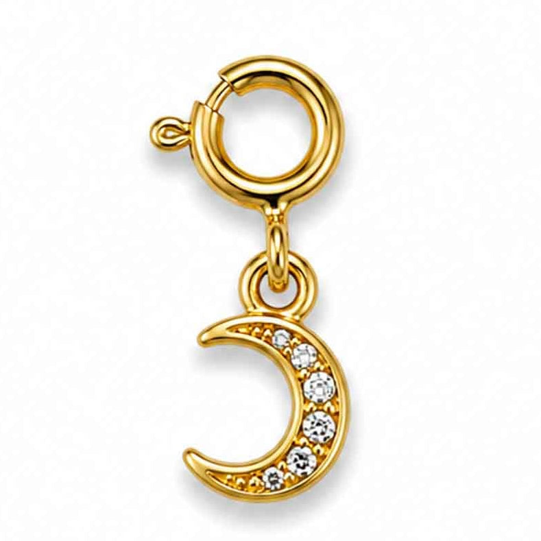 Zoomed-out view of a gold-tone crescent moon-shaped charm embellished with clear sparkling stones, displayed on a clean white background.
