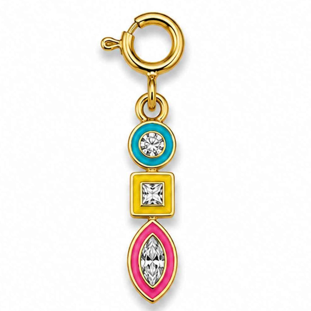 Zoomed-out view of a gold-tone geometric charm featuring turquoise, yellow, and pink enamel accents with sparkling stone details, displayed on a clean white background.