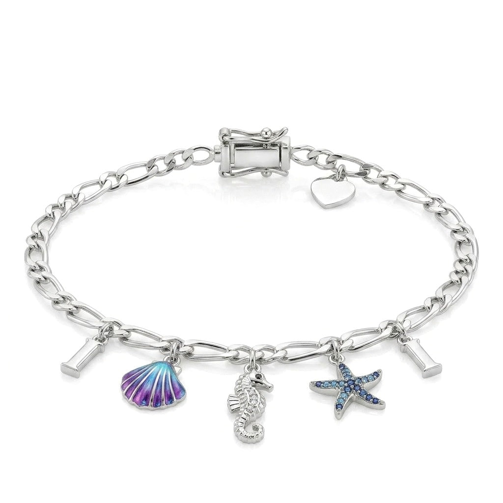 Seascape Charm 925 Sterling Silver Bracelet featuring a polished sterling silver chain adorned with ocean-inspired charms, including a colorful seashell, seahorse, starfish, and bar accents