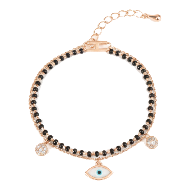 Shimmering evil eye mangalsutra bracelet with crystal detailing and an anti-tarnish finish, perfect for everyday wear and meaningful styling.
