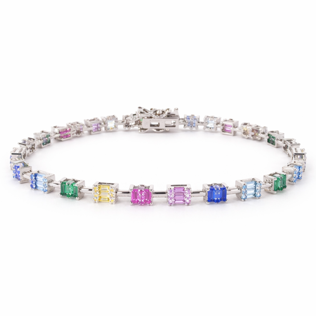 Multi-color baguette gemstone tennis bracelet in a silver box setting.