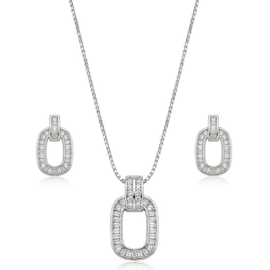 A silver jewelry set isolated on a plain white background, featuring a box-chain pendant necklace and matching drop earrings. The design showcases an open oval motif bordered with channel-set baguette cubic zirconia stones, suspended from a double-row pavé-set bail for a sophisticated, modern look.
