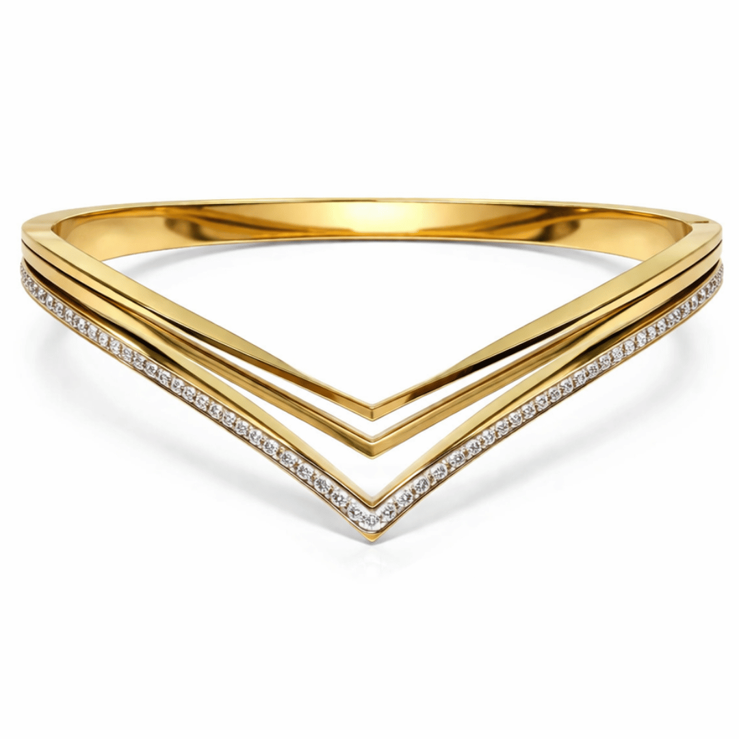 Chevron style V bangle bracelet in gold rose gold and silver with clean lines and minimal sparkle