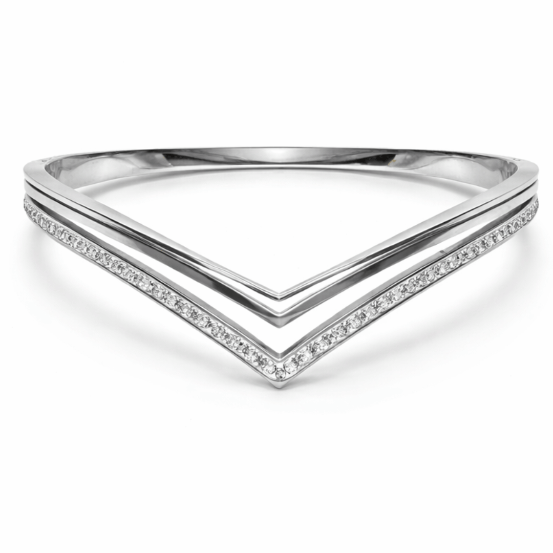 Chevron style V bangle bracelet in gold rose gold and silver with clean lines and minimal sparkle