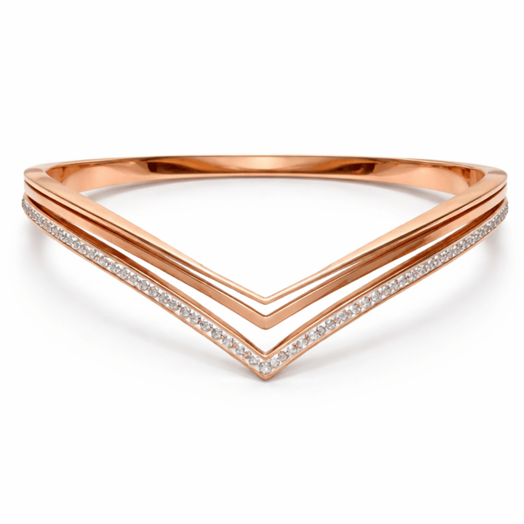 Chevron style V bangle bracelet in gold rose gold and silver with clean lines and minimal sparkle