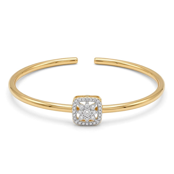 Anti-tarnish yellow gold open cuff bracelet featuring a central square cushion halo motif with a sparkling pavé cubic zirconia floral star cluster, set on a sleek, polished round band.