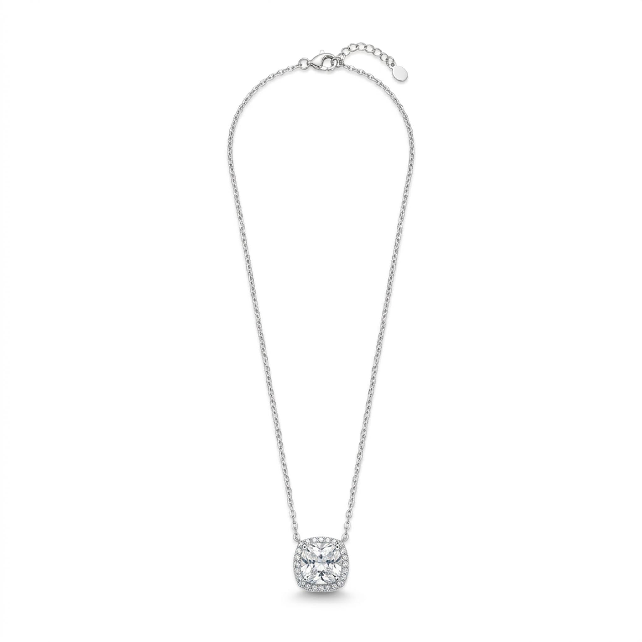 Solitaire Halo 925 sterling silver necklace featuring a brilliant round-cut crystal center stone surrounded by a sparkling halo setting on a delicate silver chain