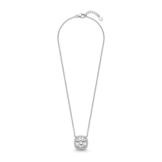 Cushion-Cut Halo Solitaire Pendant Necklace in Silver Tone with Clear Crystal Accents, Displayed on White Background