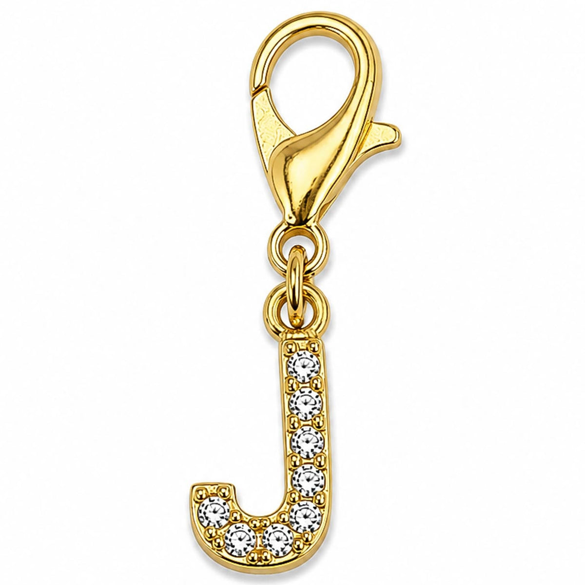 Gold-tone rhinestone-encrusted letter “J” charm with a lobster clasp, displayed on a white background.