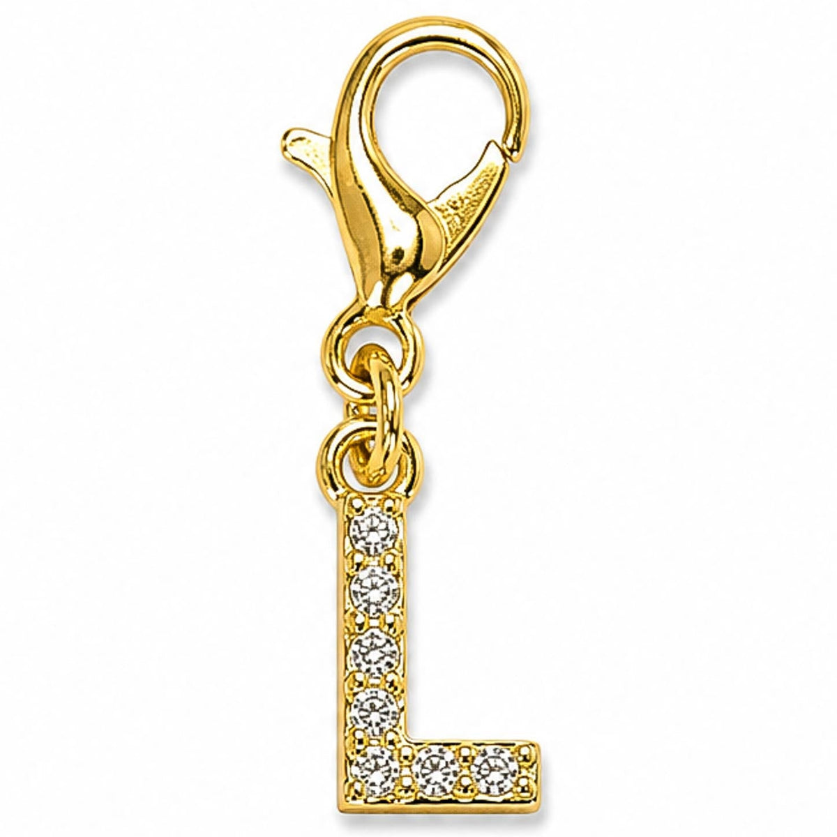 Gold-tone rhinestone-encrusted letter “L” charm with a lobster clasp, displayed on a white background.